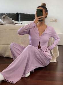 DAZY 波点印花女士纽扣前开襟长袖上衣和口袋裤睡衣套装，秋冬服装 - 淡紫色 - 查看 5