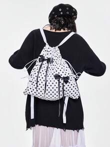 ROMWE Anime Y2K Cute & Sexy Bow Drawstring Backpack, Minimalist Silver Tech-Inspired Cinch Pouch, Waterproof Lightweight Large Capacity Foldable Storage Bag, Gym Bag, Suitable For Casual, Travel, Commute And Daily Use - 白黑色 - 查看 1