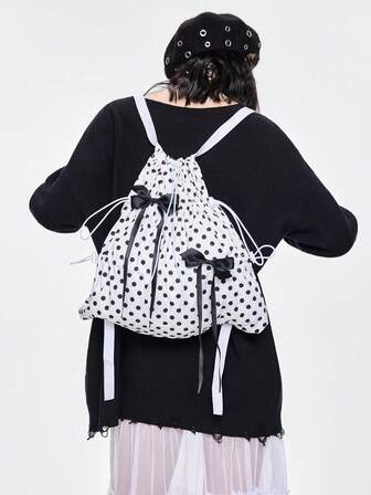 Anime Y2K Cute & Sexy Bow Drawstring Backpack, Minimalist Silver Tech-Inspired Cinch Pouch, Waterproof Lightweight Large Capacity Foldable Storage Bag, Gym Bag, Suitable For Casual, Travel, Commute And Daily Use
