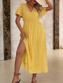 Roveilla 大码女装夏季度假风碎花重叠V领荷叶边短袖连衣裙黄色长裙黄色长裙女装黄色度假连衣裙 - 黃色 - 查看 4