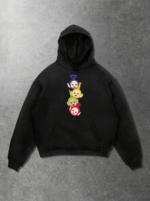 ROMWE MEN Teletubbies X ROMWE 男士休闲卡通图案宽松连帽衫，秋季款 - 黑色 - 查看 2