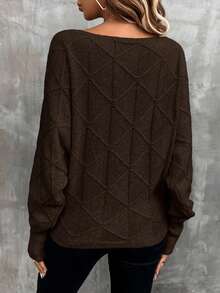 LanaWest 女士休闲日常通勤简约百搭纯色纹理针织宽松毛衣，秋冬 - 咖啡棕 - 查看 2