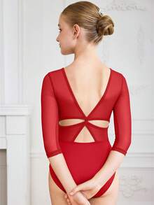 SHEIN 少女运动紧身衣，适合芭蕾舞、返校、健身、训练和休闲穿着。长袖，时尚网眼面料，高弹舒适，适合舞蹈运动。 - 紅色 - 查看 1