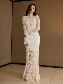 MOTF PREMIUM FASHIONABLE MOCK NECK ELEGANT LACE TRIM SATIN SHEEN RUFFLE HEM MAXI DRESS - Apricot - View 4