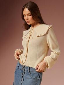 WESTFADE Bow Tie Neck Ruffle Collar Button Front Relaxed Fit Long Sleeve Cardigan Sweater Cute Knit Top, Fall, Autumn, Winter, Holiday, Country, Cowgirl Christmas, NYE, New Years Eve, Boho, Casual - Apricot - View 5