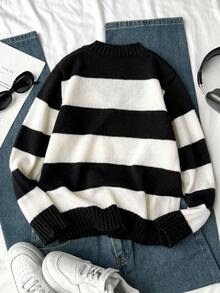 SHEIN 1pc Girls' Sweater,Black And White Striped,V-Neck Loose Fit Knit Sweater,Casual Back-To-School,School,Autumn Youth Tween Girl Clothes,Elegant Sweater - Multicolor - View 2