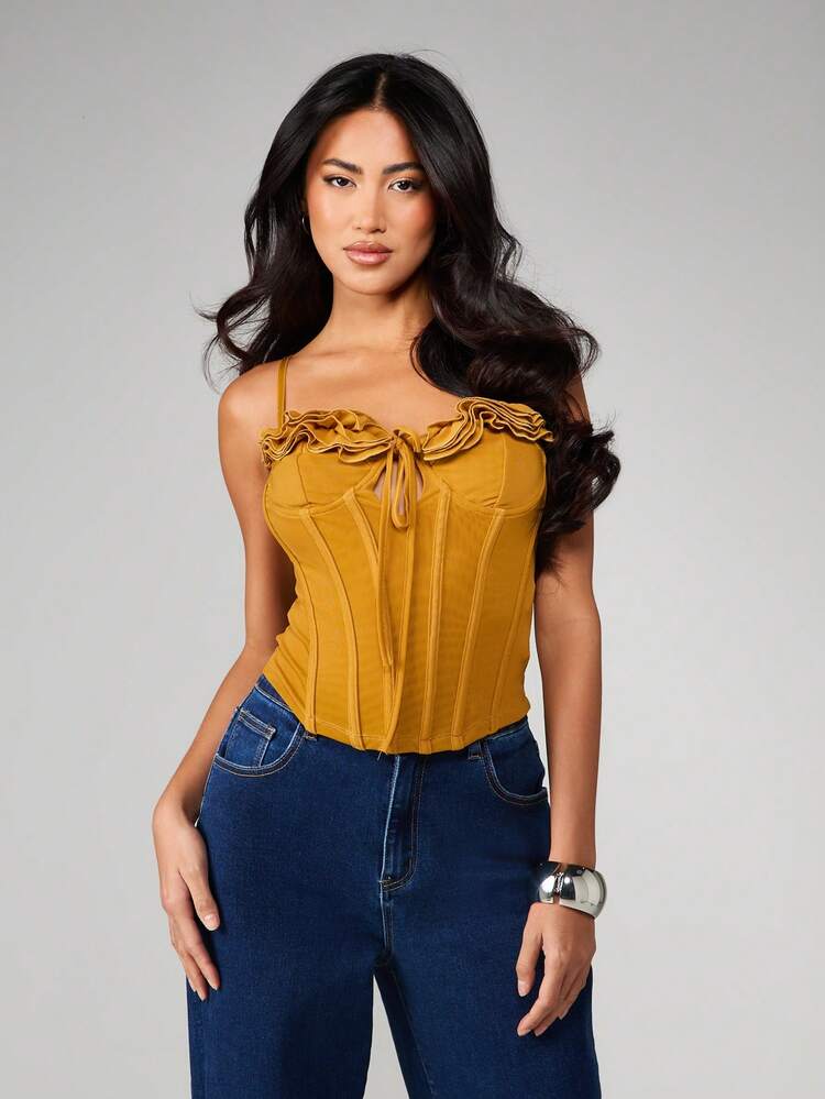 MISSGUIDED Débardeur corset à volants jaune moutarde avec bretelles réglables, body d'été pour festival