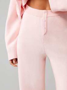 MISSGUIDED High Rise Ribbed Knit Straight Leg Pants With Button Front Waistband Detail - Baby Pink - View 4