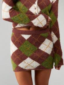 MISSGUIDED Argyle Knitted Cardigan Mini Skirt Co-Ord Set Fall Winter Diamond Pattern Sweater Outfit - Multicolor - View 6