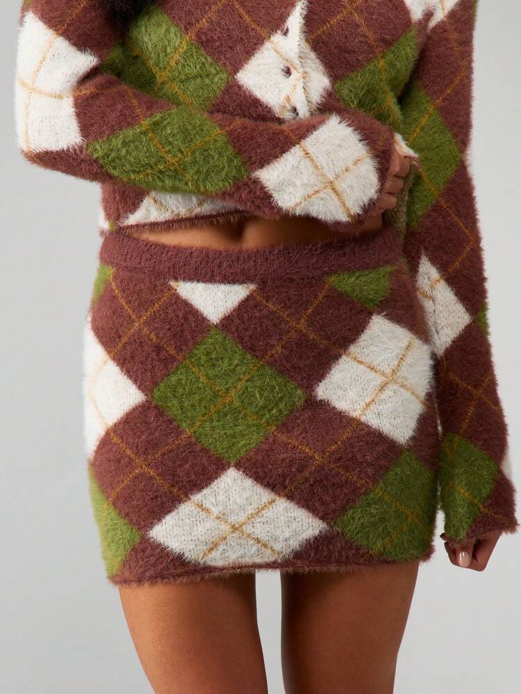 MISSGUIDED Argyle Knitted Cardigan Mini Skirt Co-Ord Set Fall Winter Diamond Pattern Sweater Outfit