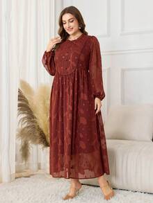 Lacomfia Váy dài tay lưới thêu màu nâu, váy chữ A thanh lịch cổ điển, cỡ lớn - Rỉ Nâu - Xem 3