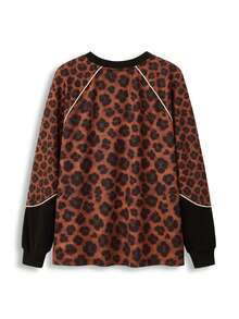 Y2Kool Maria Clara Maia 女士豹纹拼接撞色猫咪Y2K街头风V领长袖宽松休闲卫衣，适合秋冬季派对、聚会和日常穿着。Ahs风格猫咪衬衫，动物印花Grunge Gyaru图案上衣，动物印花衬衫，春季女士生日礼物，嘉年华礼物。 - 彩色 - 查看 5