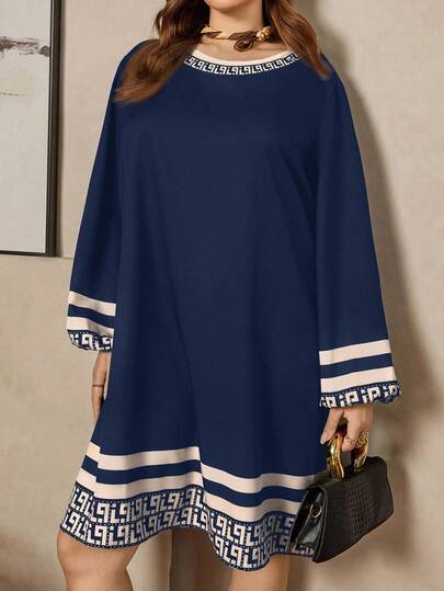 Zelara Plus Size Women Striped Geometric Print Round Neck Lantern Sleeve Loose Casual Dress/Winter
