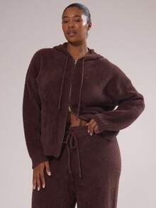 MUSERA Suéter de punto esponjoso de hombros caídos con cremallera completa, talla grande, para invierno, vacaciones, acogedor, lindo, festivo, esquí, après-ski, Aspen - Café integral - Ver 1