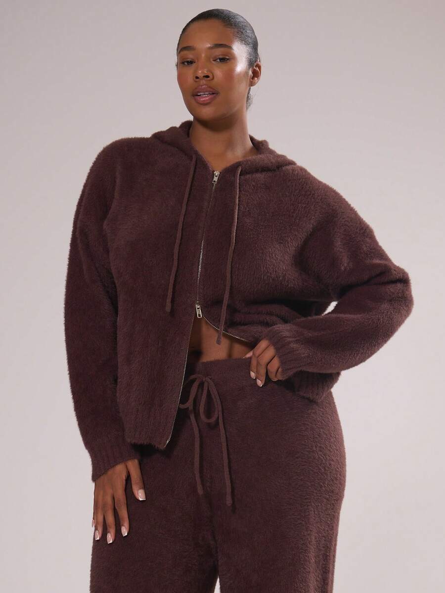MUSERA Suéter de punto esponjoso de hombros caídos con cremallera completa, talla grande, para invierno, vacaciones, acogedor, lindo, festivo, esquí, après-ski, Aspen - Café integral - Ver 1
