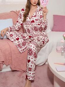 SweetSlumber Contrast Color Fair Isle Heart Print Lapel Long Sleeve Women Pajama Set - Multicolor - View 5