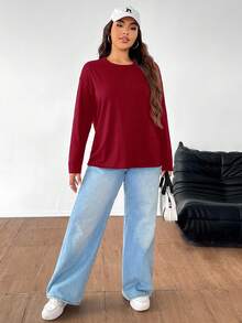 SHEIN EZwear 秋季大码纯色休闲长袖T恤 - 紅色 - 查看 7