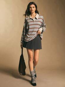 Poéselle Women's Oversized Striped Rugby Polo Shirt – Long-Sleeve Collared Preppy Tee In Soft Knit Oversized Rugby Shirt Women Striped Polo Shirt Preppy Aesthetic Vintage Rugby Top Old Money Style Collegiate Fashion Fall Casual Layering Long Sleeve Polo Women Women's Casual Striped Dropped Shoulder Loose T-Shirt, Autumn Winter For Women