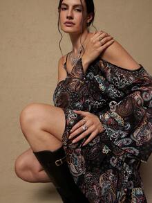 Freevana Vestido de hombros descubiertos con estampado de paisley de talla grande, otoño - Negro - Ver 2