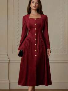Chiquease Elegante abito lungo a maniche lunghe con vita segnata, in stile francese alla moda - Bordò - Visualizzare 1