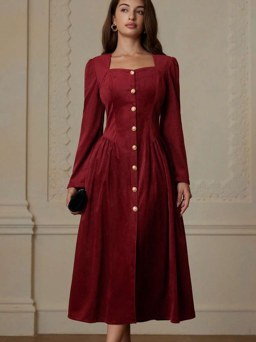 Chiquease Elegante abito lungo a maniche lunghe con vita segnata, in stile francese alla moda - Bordò - Visualizzare 1