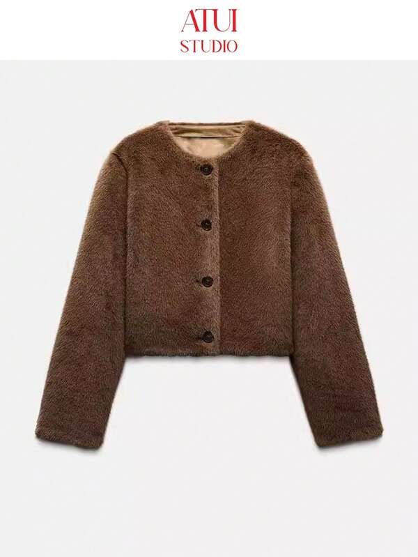 ATUI Studio Damen Lässige Knopf-Kurzmantel aus Kunstpelz, Herbst/Winter