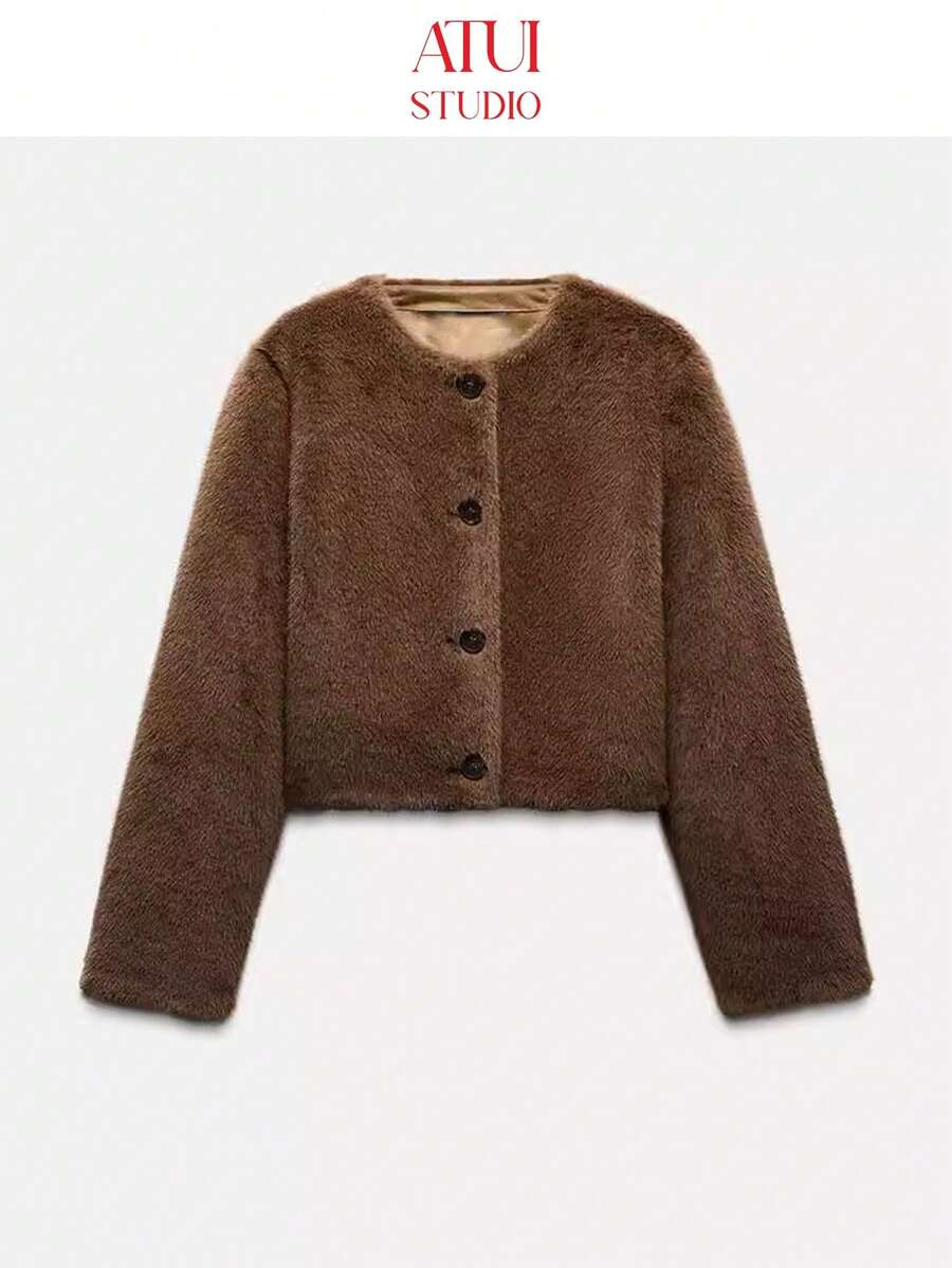 ATUI Studio Damen Lässige Knopf-Kurzmantel aus Kunstpelz, Herbst/Winter