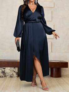 Rometta Women's Plus Size Solid Satin Elegant Luxurious Party Dress With Ruffle V-Neck, Wrap Waist, High Slit Hem, Puff Sleeves For Birthday, Events Maxi Women Outfit