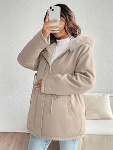 SHEIN Solid Color Drawstring Waist Thermal Lined Hooded Maternity Jacket - Khaki - View 6