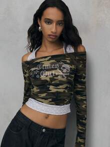 TypaGal Femmes Décontracté Mode Rue Punk Halloween Crâne Lettre Strass Camouflage Imprimer 2 En 1 T-Shirt Court, Printemps/Automne