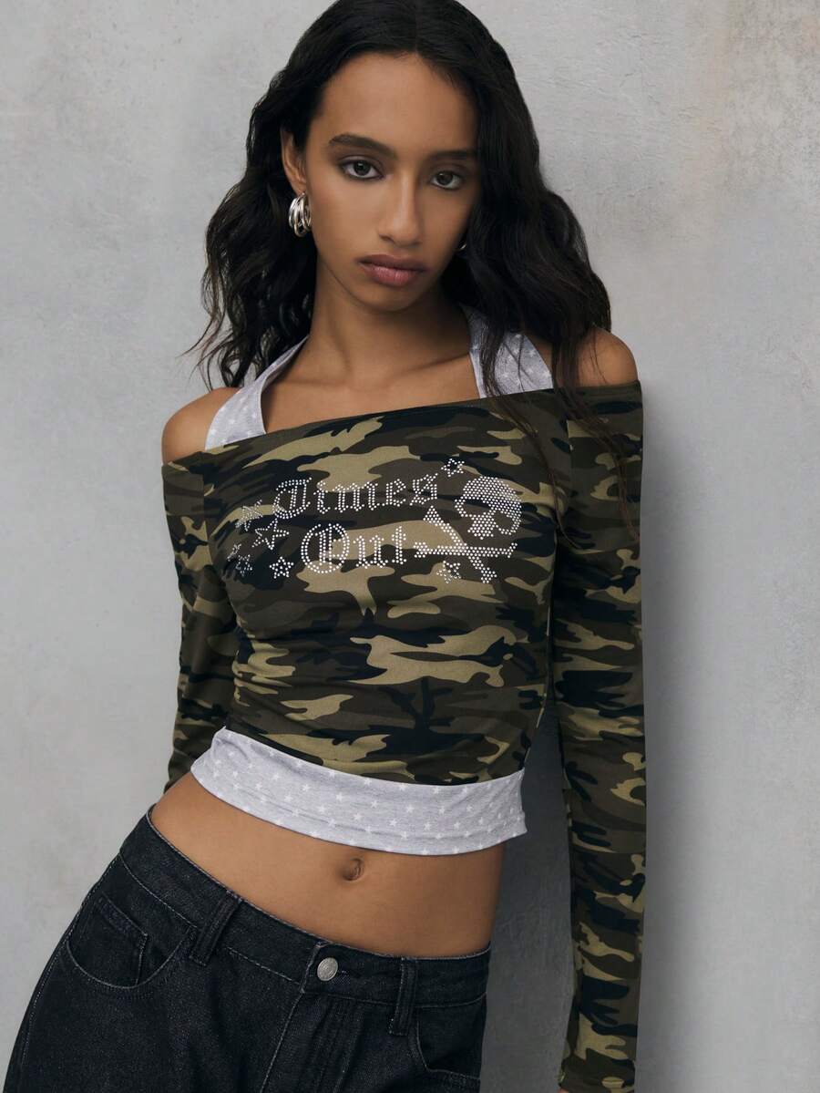 TypaGal Femmes Décontracté Mode Rue Punk Halloween Crâne Lettre Strass Camouflage Imprimer 2 En 1 T-Shirt Court, Printemps/Automne