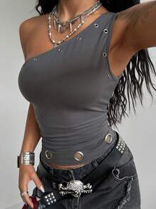StreetHx Women's Fashionable Oblique Shoulder Fitted Metal Grommet Decorated Blouse - Dark Grey - View 4