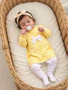 SHEIN 新生女婴针织毛衣裙配裤子两件套，黄色/浅黄色，舒适秋冬装，时尚蝴蝶结装饰，适合日常穿着、居家、外出、旅行、育儿 - 彩色 - 查看 7