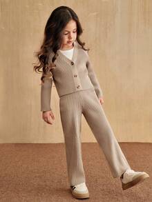 SHEIN Elladie kids 女童针织毛衣套装 - 长袖开衫 + 裤子，百搭时尚简约可爱，适合居家和旅行 - 卡其色 - 查看 3