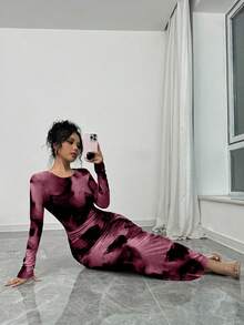 Elenzga 优雅渐变长袖修身女式连衣裙长裙套装 - 中紫紅色 - 查看 4