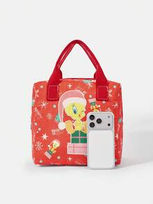 LOONEY TUNES X SHEIN Túi đựng cơm trưa bằng vải nhung kẻ nhiều màu, túi đựng cơm trưa phong cách học sinh, phù hợp cho nhân viên văn phòng và học sinh - Hoạt hình - Xem 3