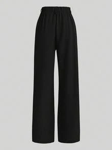 Franclia 2pcs Set: Waist Cinching Shirt & Wide Leg Pants, Flattering Collared Design - Black - View 4