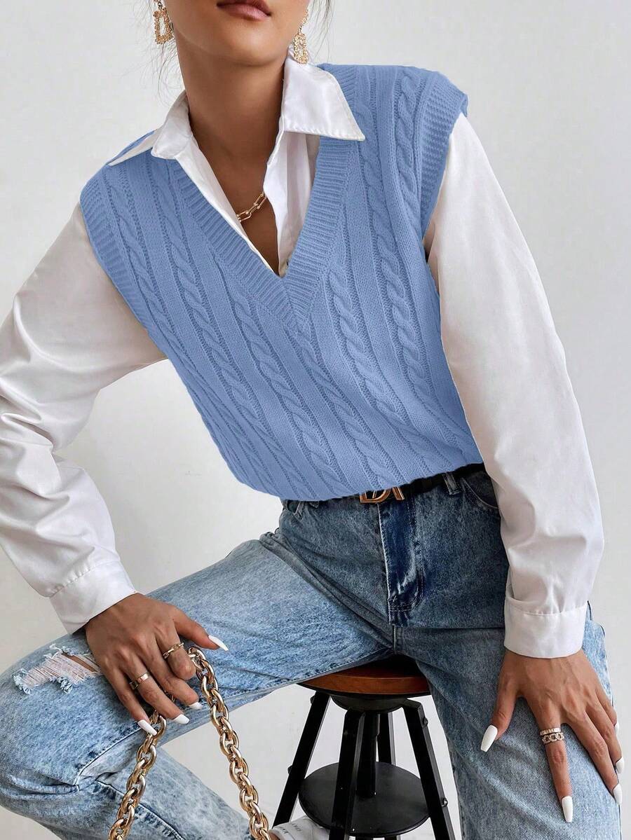 SHEIN Unity 女士休闲百搭纯色针织背心 - 藍色 - 查看 1