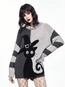 ROMWE Goth 神秘暗黑猫嵌花阴阳条纹宽松圆领毛衣 - 彩色 - 查看 6