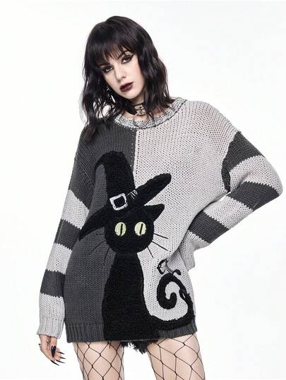 Goth Dark Mysterious Black Cat Intarsia Yin Yang Striped Loose Fit Crew Neck Sweater