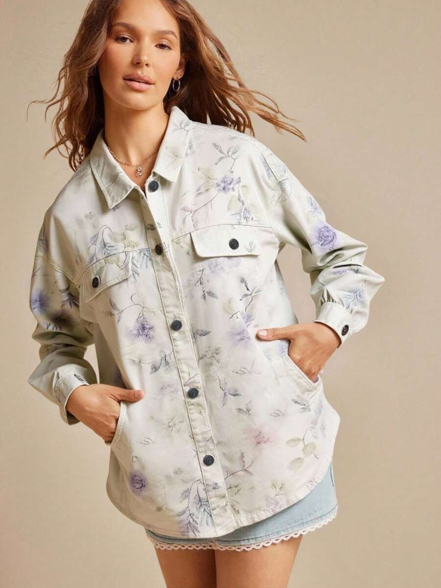 WESTFADE Floral Print Collared Button Front Long Sleeve Oversized Denim Shirt Jacket For Fall Back To School Country Concert - Dusty Purple - View 1