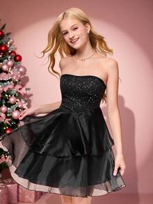 少女露肩闪光连衣裙，黑色网眼拼布蛋糕裙，万圣节服装连衣裙 - 黑色 - 查看 1