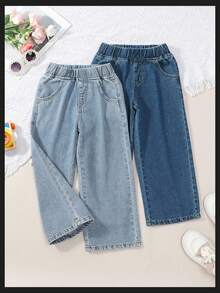 女童 Y2K 休闲松紧腰阔腿浅蓝色和中蓝色水洗宽松牛仔裤 - 彩色 - 查看 7