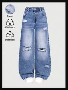 Sparklyn Tween Girls' Distressed Boyfriend Jeans, Retro American Style Loose Fit Wide Leg Casual Denim Pants, Blue Tween Girl' Retro Washed Denim Wide Leg Jeans, Classic All-Match Versatile Design Tween Girls Baggy Jeans For Kids Y2k Jeans Kids Wide Leg Jeans Kids Flare Jeans For Girls Wednesday Addams Y2k Baggy Jeans Girls Wide Leg Jeans Girls Ripped Jeans Tween Girls Distressed Denim Fall Winter