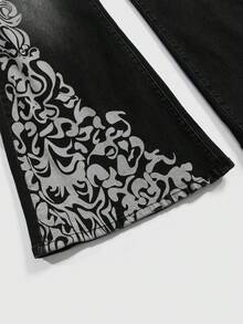 ROMWE Goth 哥特式复古花卉印花修身性感弹力大码喇叭牛仔裤 - 黑色 - 查看 4