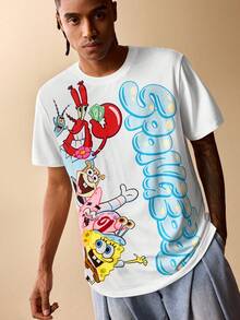 SpongeBob SquarePants | SHEIN 男士休闲日常通勤趣味可爱卡通字母印花短袖白色T恤，夏季 - 白色 - 查看 6