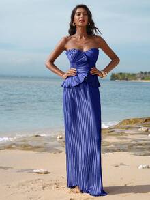 Opulessa 一套女士纯色编织抹胸上衣和高腰鱼尾裙 - 寶藍色 - 查看 6