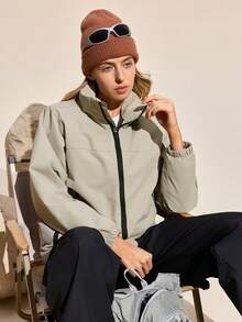 Exploreva Women's 150D Mechanical Stretch Stand Collar Zip Front Jacket Water Proof Jacket Woman Outdoor Clothes Women Women Athleisure - Khaki - View 5