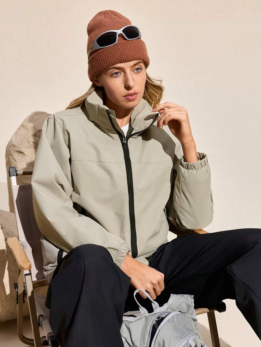 Exploreva Women's 150D Mechanical Stretch Stand Collar Zip Front Jacket Water Proof Jacket Woman Outdoor Clothes Women Women Athleisure - Khaki - View 1