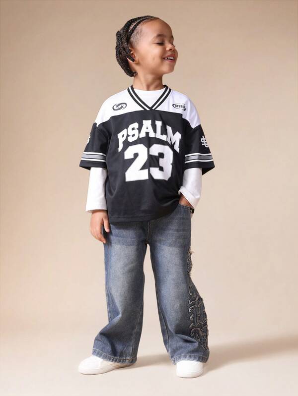 SUMWON Camiseta oversized com estampa do Salmo 23, estilo basquete, decote em V, para meninos jovens.